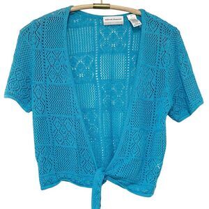 Alfred Dunner Blue Crochet Short Sleeve Cardigan Front Tie Petite Small Coastal